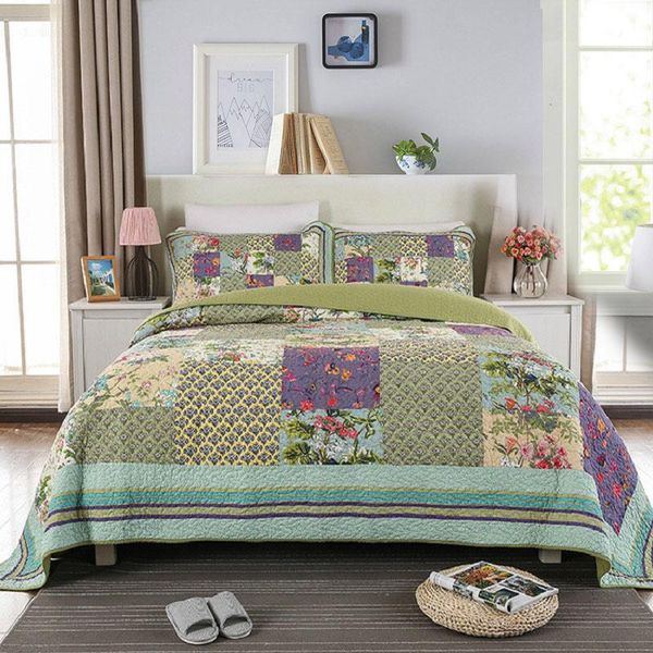 

printed patchwork quilt set 3pcs quilted bedspread washable cotton quilts bed covers bedspread super king size bedding coverlets
