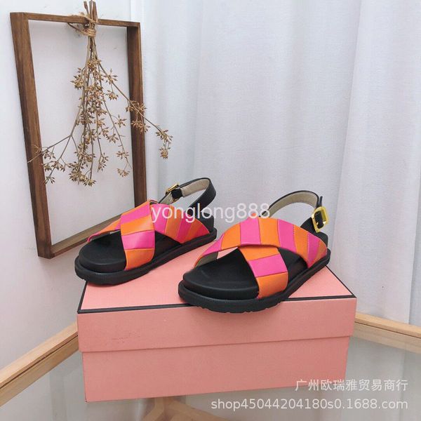 

sandals summer flat bottomed women's shoes cowhide cross belt round head color matching roman sandals wear beach outside, Black