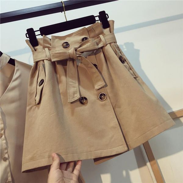 

2019 new spring and summer pure color womens high waist a line skirt all match double breasted short skirts with belt, Black