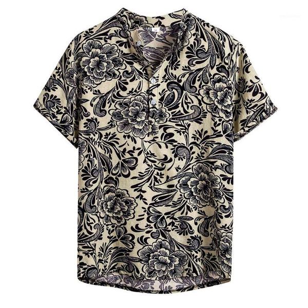 

shirts men ethnic short sleeve casual turn-down collar cotton linen printing hawaiian shirt blouse men shirt chemise homme1, White;black