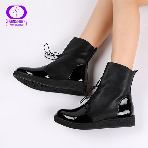 

aimeigao women ankle boots female fashion patent pu leather platform women shoes plus size boots for women t200425, Black