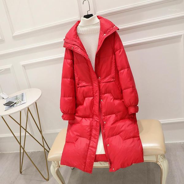 

winter white duck light down jacket for women stand collar x-long stand collar down coat winter puffer jacket female hooded type1, Black