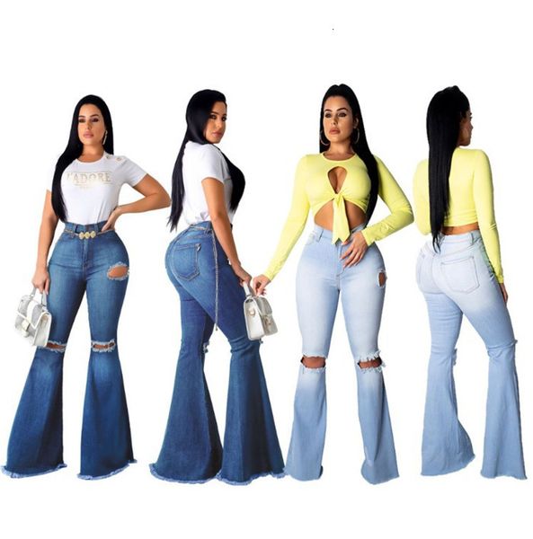 

high waist bootcut pants womens designer hole jeans spring autumn fall fashion causal trousers for women, Blue