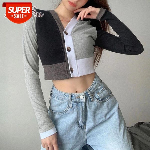 

artsu patchwork knitted casual crop tshirt cardigan women button autumn long sleeve v neck tee shirt ladies fashion ts52391 #nf8k, White
