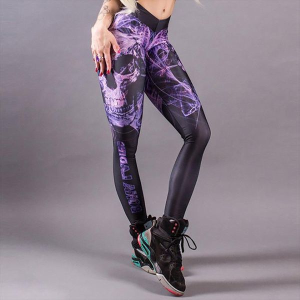 

youre my secret] classic skull printed women leggings fitness gothic purple mist ankle pants workout leggins middle waist, Black