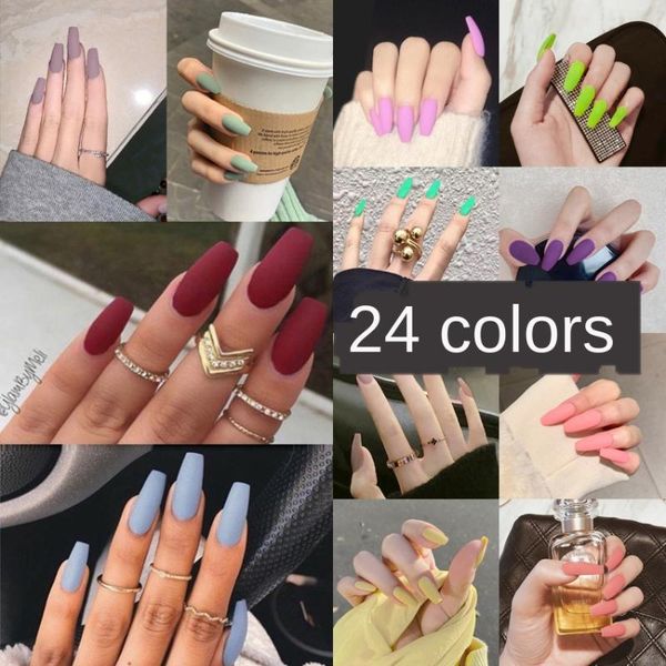 

nail art long fake nails matte ballet tips press on false with glue coffin stick display set full cover artificial designs kiss, Red;gold