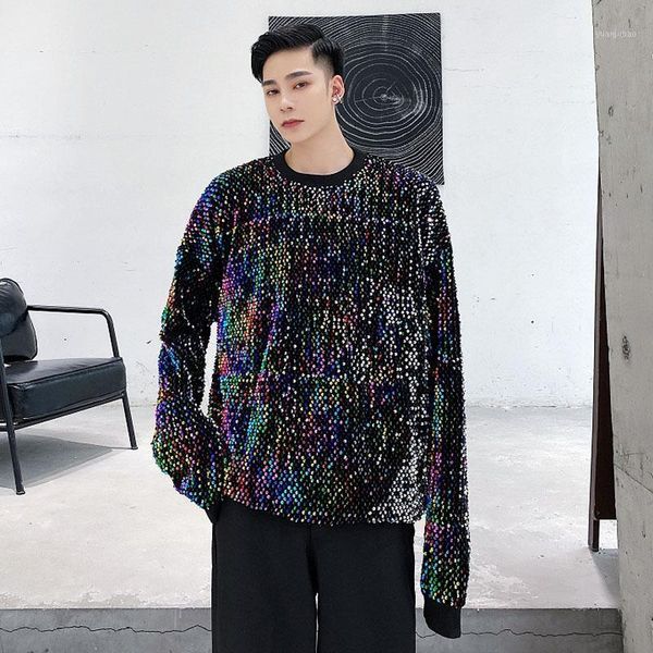 

male streetwear hip hop vintage fashion show hoodie costume clothing men sequins velvet long sleeve loose pullover sweatshirt1, Black