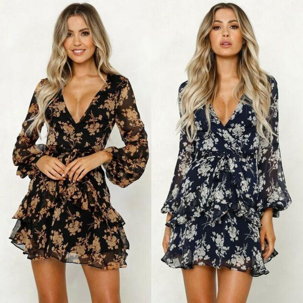 Lässige Kleider Damen Boho Floral Chiffon Langarm Wrap Sommer Party Abend V-Ausschnitt Strand Kurzes Minikleid Sommerkleid S-XL weiblich1