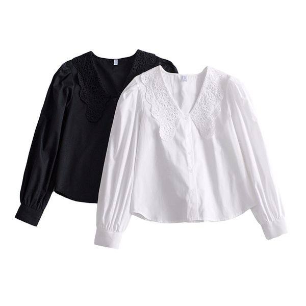 

2021 new elegant women embroidery lace shirts fashion ladies hollow out down collar sweet female puff sleeve blouse o6jl, White