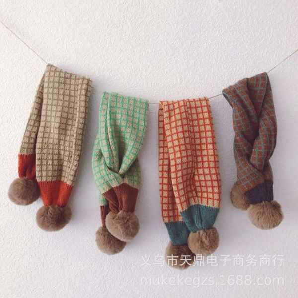 

square net small red check with color matching big ball children's mouth scarf autumn winter baby wool neck, Red;brown