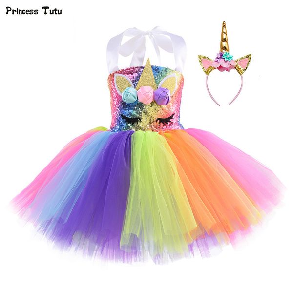

rainbow sequins unicorn tutu dress for girls birthday party clothes set kids halloween carnival cosplay unicorn costume outfit t200709, Red;yellow