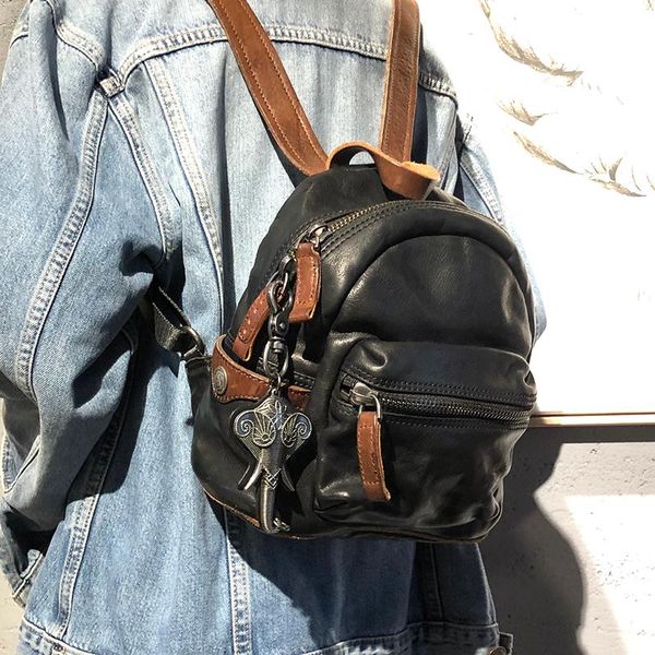 

retro old vegetable tanned leather simple small bag backpack leather shoulder bag