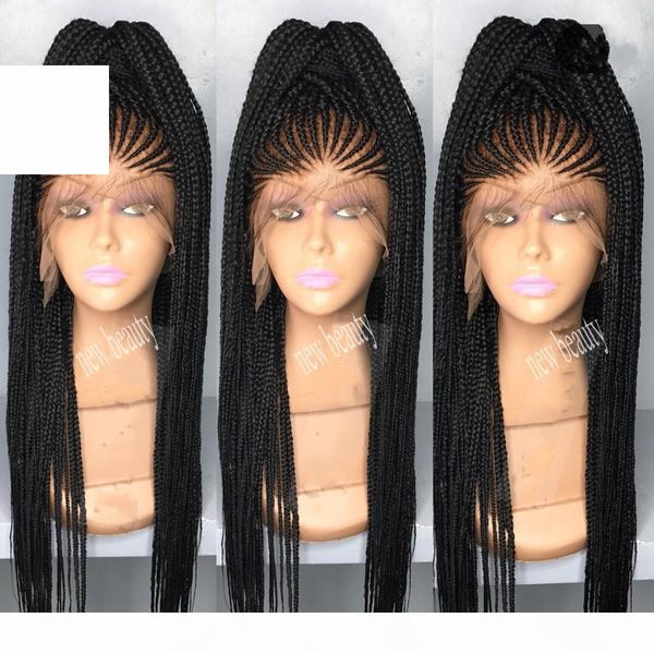 

africa women style cornrows braid wig long 200density full micro braid wigs with baby hair jumbo braid lace frontal wig, Black