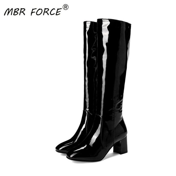 

mbr force fashion women patent leather boots over the knee pointed toe quality long comfort botines mujer thigh high boots, Black