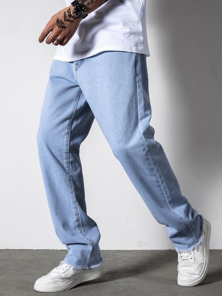 

men light wash raw hem straight leg jeans u2ro#, Blue