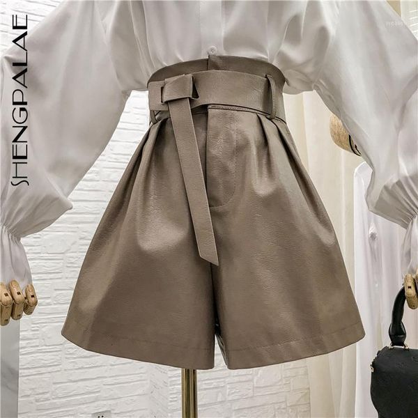 

shengpalae pu shorts woman 2020 new arrival spring thin and thin high waist loose with belt female shrots tide fashion 5d1811, White;black