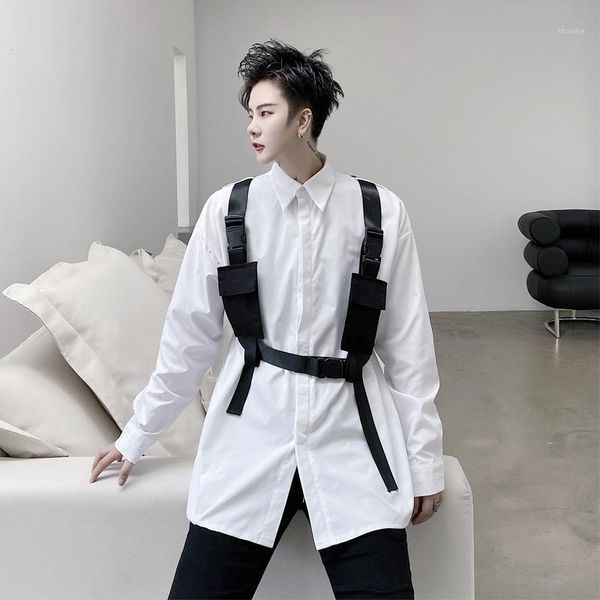 

men shirts trends 2020 autumn tooling long-sleeved shirt male korean loose personality tie decorative shirt black white blouses1, White;black