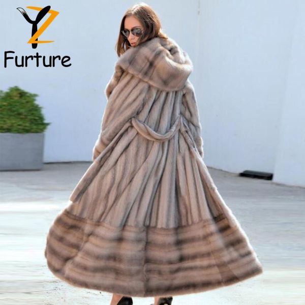 

winter woman luxury real hooded coat 130cm long fashion skirt hem design thick warm outerwear full mink pelt sashes fur, Black