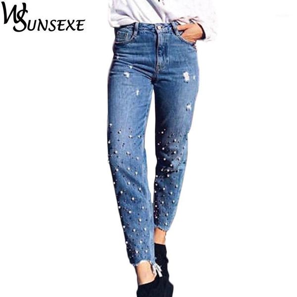 

pearl beading ripped tassels jeans femme casual new autumn winter blue high waist zipper vintage denim beaded pants women jeans1