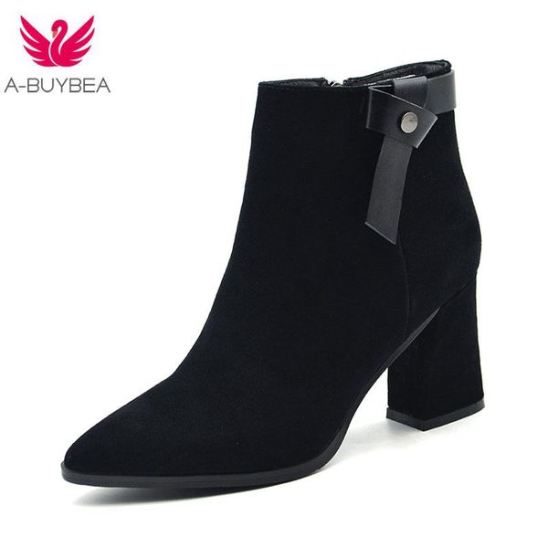 

black block heel suede ankle boots women pointed toe waterproof non-slip stivali 2021 winter new female chunky heel botas mujer