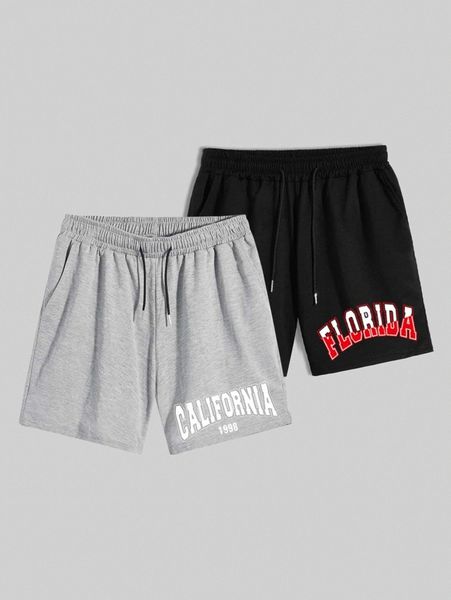 

romwe guys 2pcs letter graphic drawstring shorts 092h#, Black