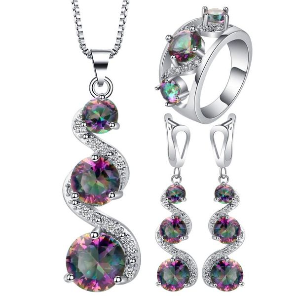 

unique rainbow cubic zirconia s letter style jewelry sets vintage long necklace earring ring for women custom jewelry drop ship, Silver
