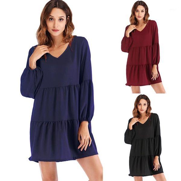 

casual dresses lantern long sleeve dress women v-neck draped mini elegant vintage robe1, Black;gray