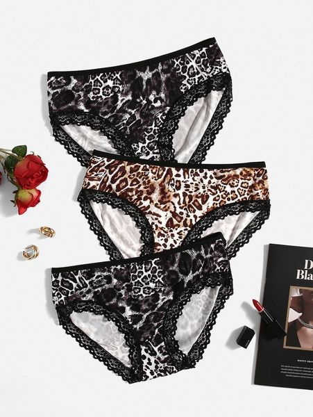

3pack plus leopard contrast lace panty set u2mj#, Black;white