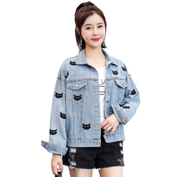 

2021 for women spring cartoon cat embroidered denim loose large pocket single-breasted jacket vfcu, Black;brown