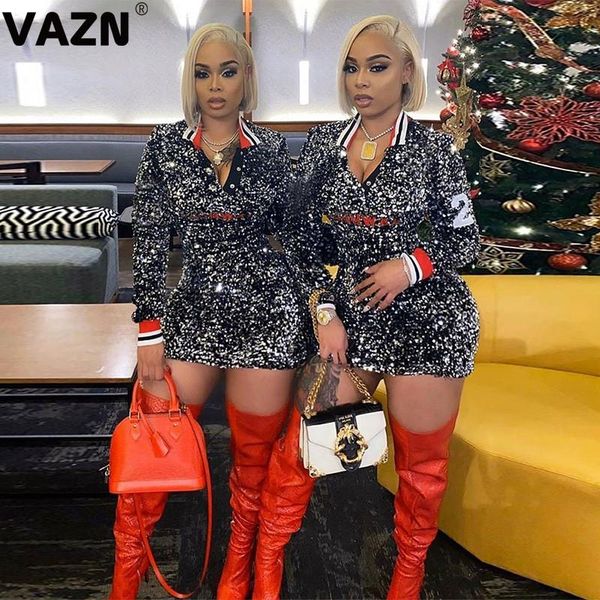 

vazn new 2021 bling bling sequins glitter slim elegant party night shinny bandage dress full sleeve sheath dresses, Black;gray
