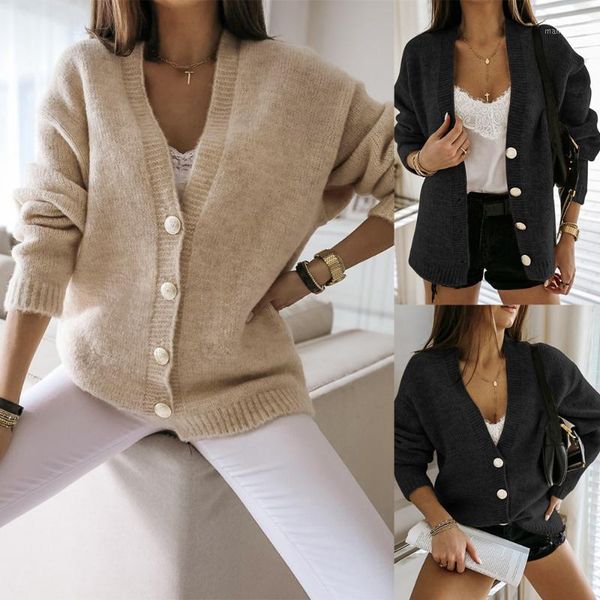 

2020 new autumn women knit cardigans sweaters solid v neck loose knitwear single breasted jacket coat cardigan outerwear1, White