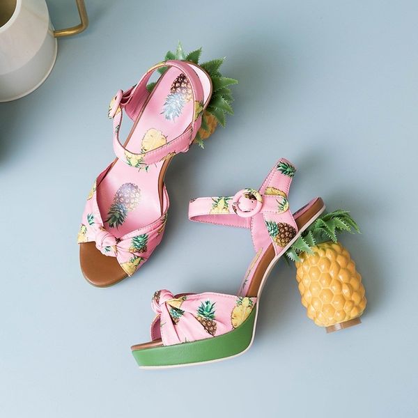 

brand novelty fashion pineapple heel pumps open toe leather sandals women party date shoes platform sandals zapatos mujer y200702, Black