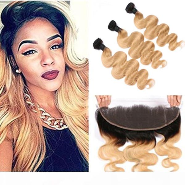 

malaysian honey blonde ombre human hair weaves with frontals body wave 1b 27 ombre hair bundles deals with 13x4 lace frontal closure, Black;brown