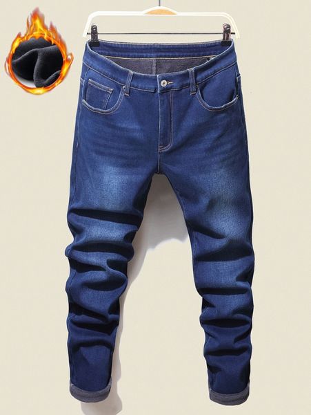 

men slant pocket thermal lined jeans 1429#, Blue