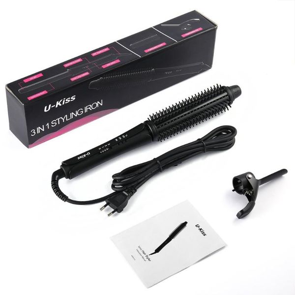 

u-kiss interchangeable brush & clip super hard titanium coated heating plate dual voltage 3 in 1 ionic hair styler hair curler