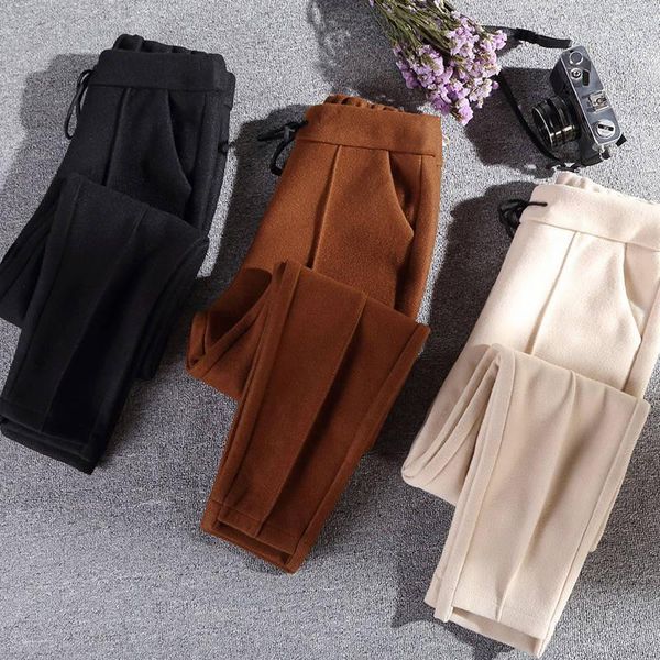

wavsiyier winter suit pants women elastic trousers korean casual straight harem woolen solid streetwear high waist pant wide leg1, Black;white
