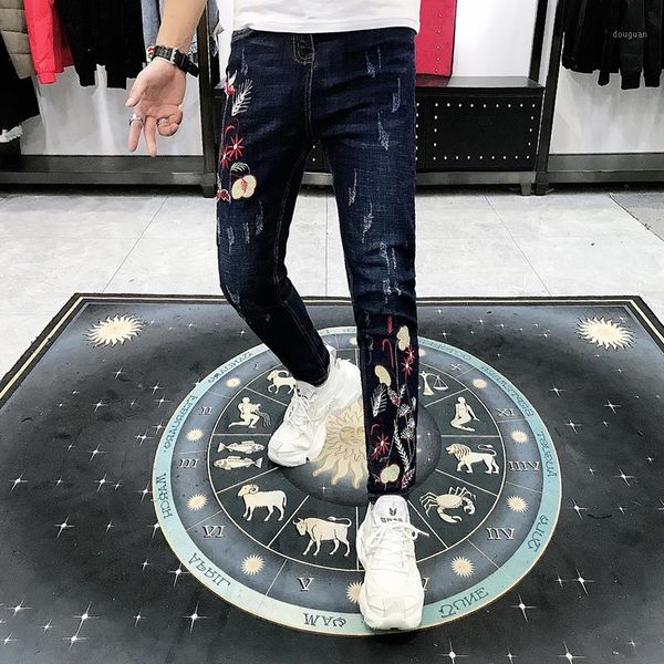 

chinese style embroidery jeans men stretch slim fit blue pencil pants1