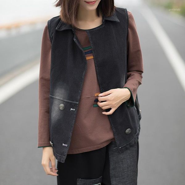 

women's vests retro spring literary casual loose old distressed denim vest large size sleeveless jacket1, Black;white