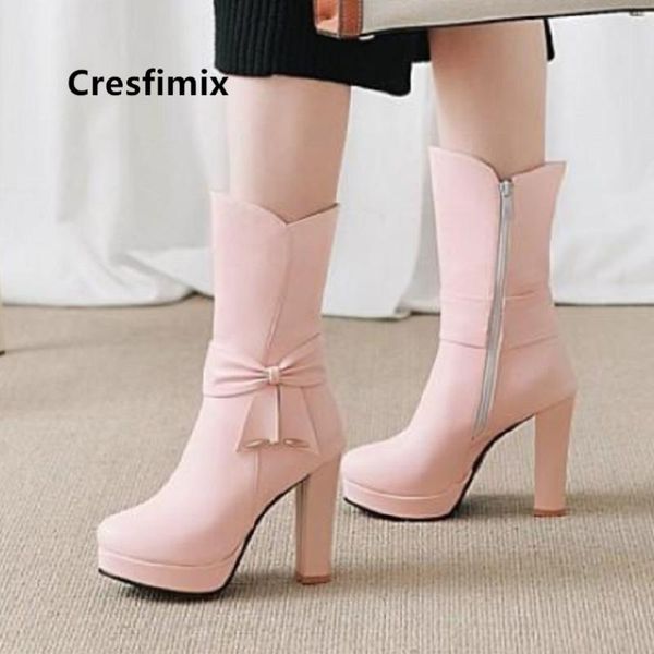 

cresfimix women classic pink pu leather round toe high boots female cool black winter boots botas de mujer c6087