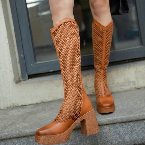 

summer boots women genuine leather chunky high heels knee high gladiator sandals female summer breathable platform pumps shoes, Black