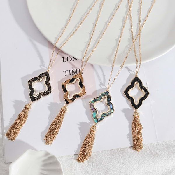 

baroque style cutout hollow leather quatrefoil flower pendant necklace with gold metal tassels women beads long chain moroccan necklaces, Silver