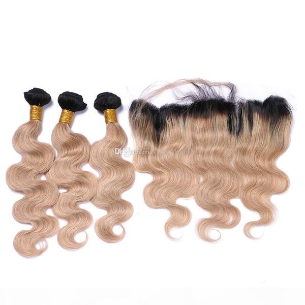 

honey blonde ombre lace frontal closure with body wave hair weeaves 3 bundles 1b 27 strawberry blonde ombre virgin hair with 13*4 frontal, Black;brown