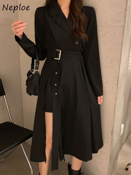 

neploe 2021 fashion new chic sashes dresses women notched collar slim waist dress autumn elegant solid color femme vestidos y0118, Black;gray