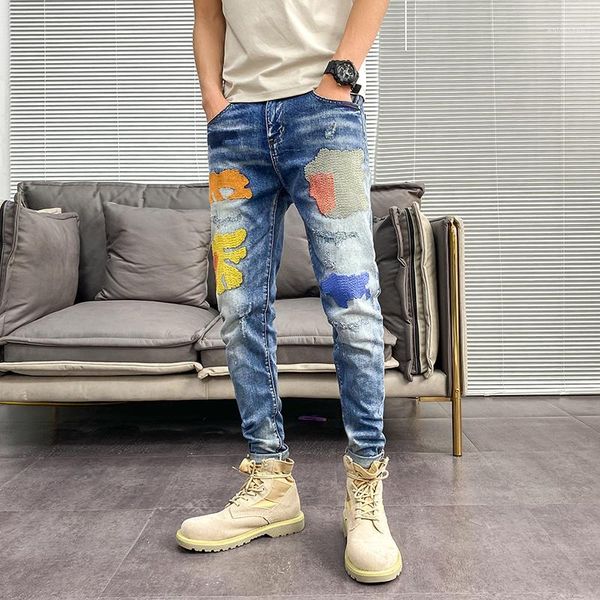 

men torn patch slim fit jeans blue elastic embroidery casual denim pants fashion ripped streetwear for man size 28-381