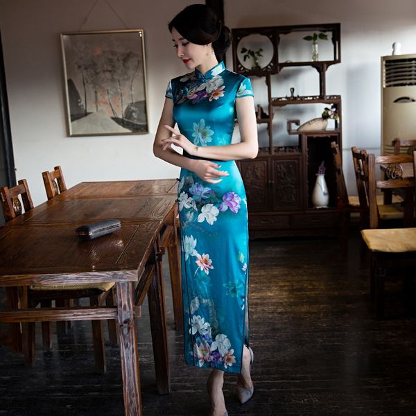 

новый китайский стиль платье cheongsamsilk короткий рукав длинный cheongsam улучшили темперамент партия cheongsam элегантное платье owzig, Black;gray