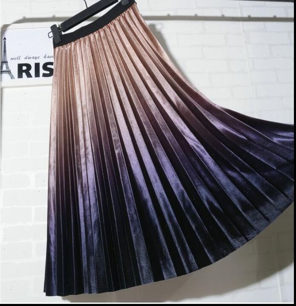 

velvet gradient high waist pleated skirt midi christmas skirt female 2018 autumn winter fashion women bottom, Black
