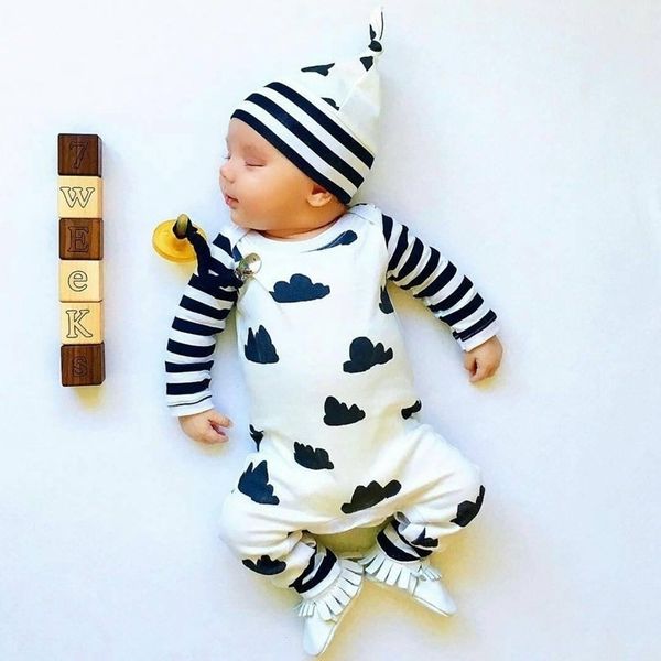 

new autumn fashion baby romper newborn toddler long sleeve cartoon jumpsuit+hat 2 pcs/set baby boys girls clothes y200803, White