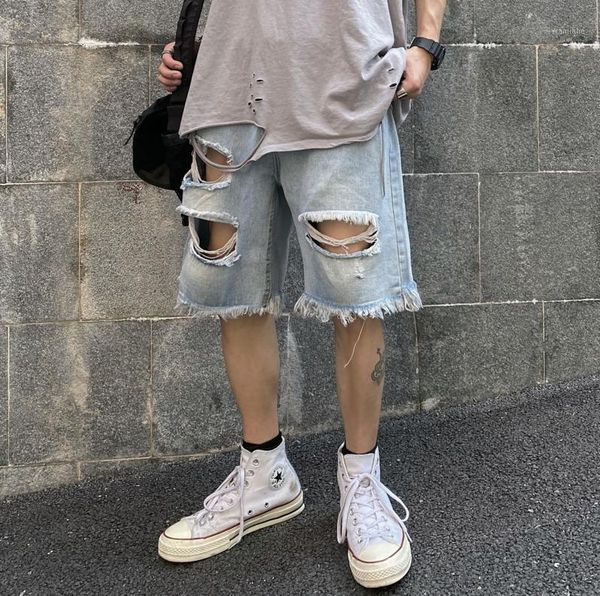 

2020 summer new youth popular solid color loose ins personality hole denim five-point pants fashion casual shorts blue -xl1