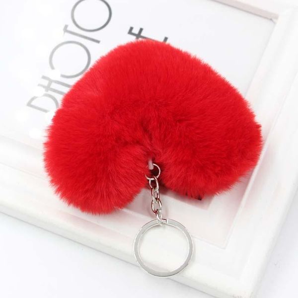 

keychains faux fur love heart shape keychain cute soft pom pendant phones car bag charm tag key ring woman girl s2461, Silver