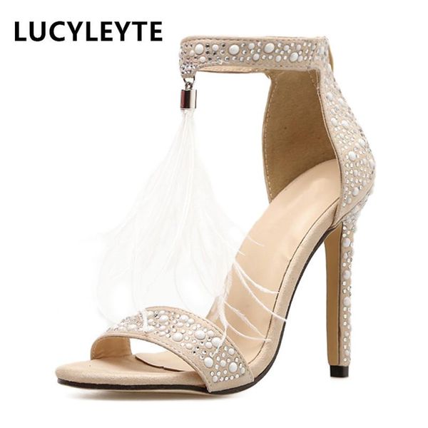 

lucyleyte ladies sandals pumps summer rhinestone zipper feathers high heels apricot ladies wedding shoes shallow shoes, Black